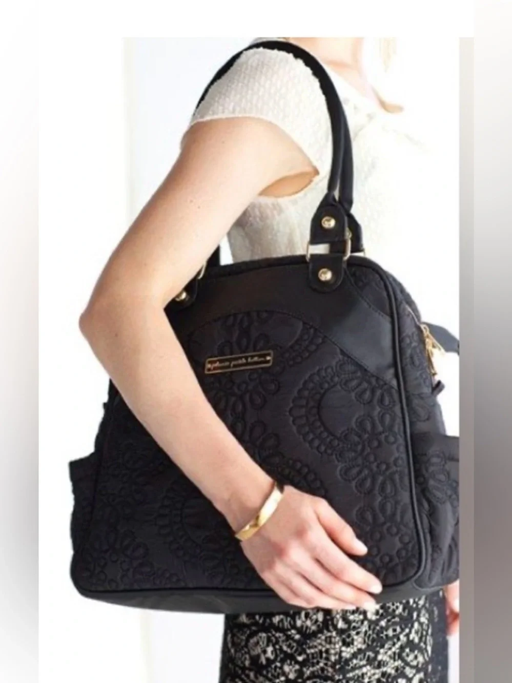Petunia Pickle Bottom Black Quilted Floral-Embossed Tote NWOT